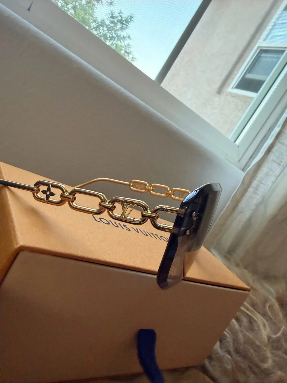 Louis Vuitton Blue Shield Sunglasses with Gold Chain Accent